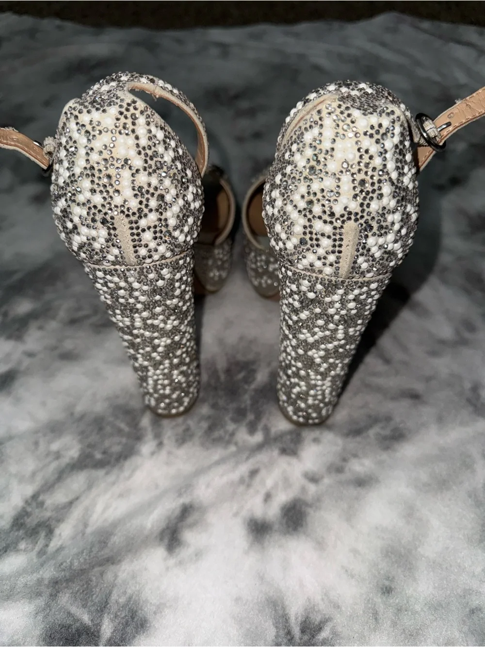 Steve Madden Crystal-Embellished Silver Block Heel Sandals